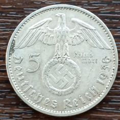 (A61) MONEDA DIN ARGINT GERMANIA - 5 MARK 1938, LIT. A, VARIANTA CU SWASTIKA