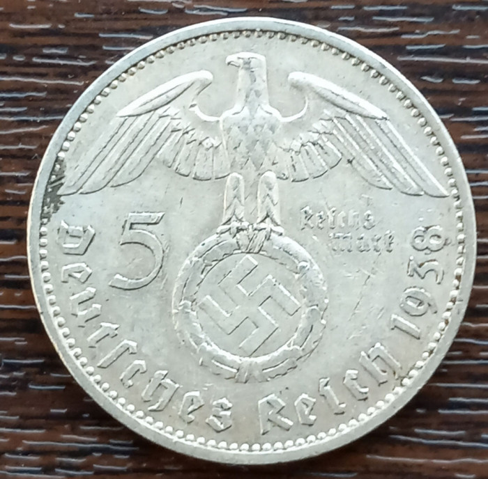 (A61) MONEDA DIN ARGINT GERMANIA - 5 MARK 1938, LIT. A, VARIANTA CU SWASTIKA