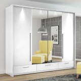Dressing Alb Venera 255 cm, Oglinzi, LED, Uși Glisante, 3 Sertare, 7 Compartimente, PAL 16mm, Dormitor