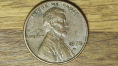 SUA / USA - moneda de colectie - 1 cent 1978 cu semn monetar D (Denver) - Abraham Lincoln - serie mai rara din bronz !