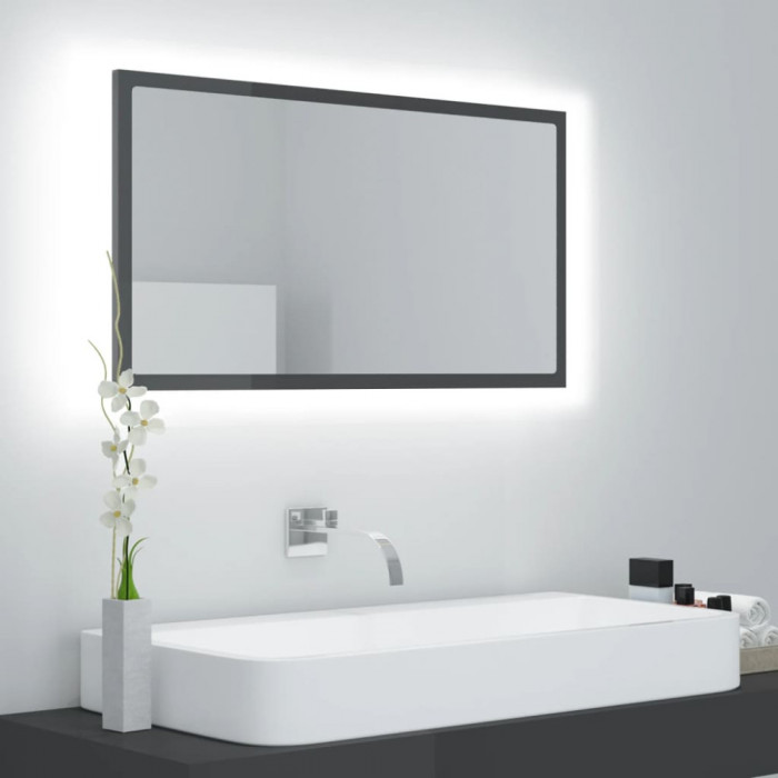 Oglinda de baie cu LED, gri extralucios, 80x8,5x37 cm, acril GartenMobel Dekor