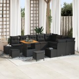 Gossi set de sofa de gradina cu 12 piese cu perne negru poliratan acacia, Gossi set de dining de gradina cu 3 piese cu perne negru poliratan acacia, G