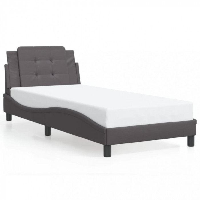vidaXL Cadru de pat cu lumini LED, gri, 90x190 cm, piele ecologică