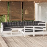 Gossi set mobilier gradina cu perne, 10 piese, alb, lemn masiv pin