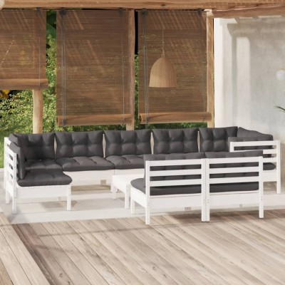 vidaXL Set mobilier grădină cu perne, 10 piese, alb, lemn masiv pin 3096485 foto
