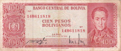BOLIVIA 100 pesos bolivianos 1962 VF!!! foto