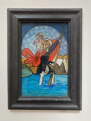 Tablou icoana pe sticla stil naiv, rama lemn, Sfantul mucenic Hristofor, 1982 foto