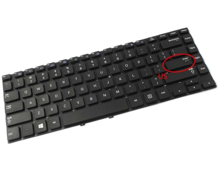 Tastatura Samsung Neagra NP350V4X layout US fara rama enter mic, NP355V4X layout US fara rama enter mic