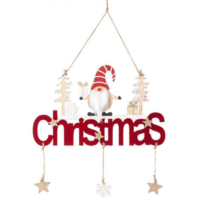 Decorațiune Crăciun, Merry Christmas, Gnome, Lemn, Catifea Bordo, 30cm