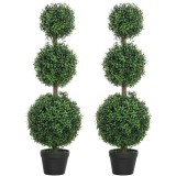 HOMCOM Lot de 2 arbori artificiali 101,6 cm 3 bușoni de buxus topiaires plantă falsă verde PE cu ghiveci interior și exterior | Aosom Romania