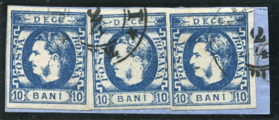 1869 , Lp 26 , Carol I 10 Bani albastru X 3 circulate / fragment - semnate foto