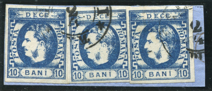 1869 , Lp 26 , Carol I 10 Bani albastru X 3 circulate / fragment - semnate