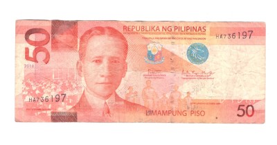 Bancnota Filipine 50 piso 2018, circulata, uzata foto