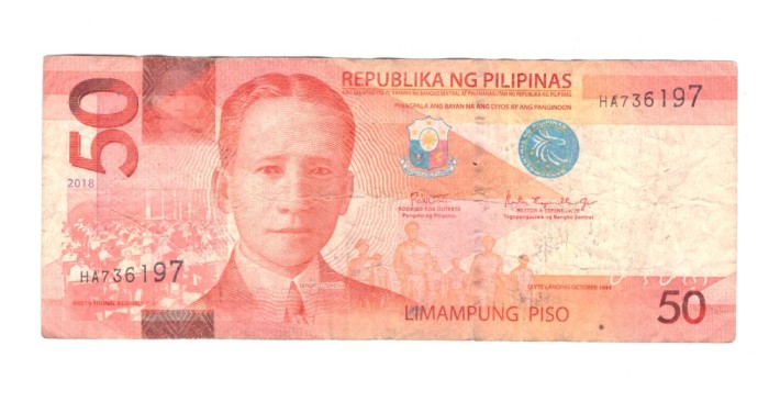Bancnota Filipine 50 piso 2018, circulata, uzata