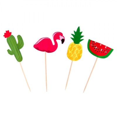 Set Scobitori Decorative Party, 10 Bucăți, Multicolor, Figuri Fructe Tropicale și Flamingo, 10 cm foto