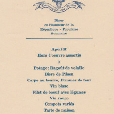 1949, Meniu oficial pentru Delegatia Militara a RPR la Praga, hartie cu filigran