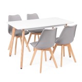 Set sufragerie Leziter Silla 120 4+1, alb-gri, masa dreptunghiulara MDF/lemn, 4 scaune polipropilena/lemn