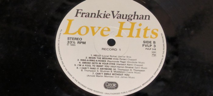 2 DISCURI VINILURI&nbsp; &ndash; CREOLE RECORDS&nbsp; LP AN&nbsp; 1985 FRANKIE VAUGHAN&nbsp; - LOVE HITS