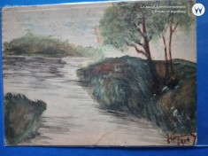 carte postala executata manual pe lemn ,de pictorul Frumusanu , in anul 1906 , pictura pe foaie subtire de lemn , lucrare unicat , exceptionala foto