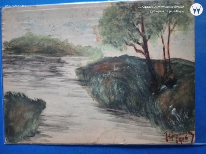 carte postala executata manual de pictorul Frumusanu , in anul 1906 , pictura pe foaie subtire de lemn , lucrare unicat , exceptionala