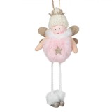 Ornament Brad Crăciun, &Icirc;ngeraș, Lemn, Blană Roz, Aripi Glitter, Căciulă Tricotată, 20 cm, Oem