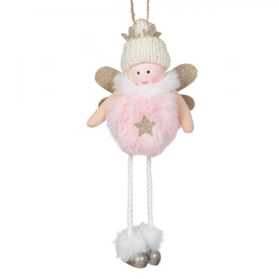Ornament Brad Crăciun, &amp;Icirc;ngeraș, Lemn, Blană Roz, Aripi Glitter, Căciulă Tricotată, 20 cm foto