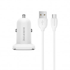 Incarcator Auto Borofone, BZ12 2 x USB, Cablu Micro USB, 1M 2.4 A, Alb foto