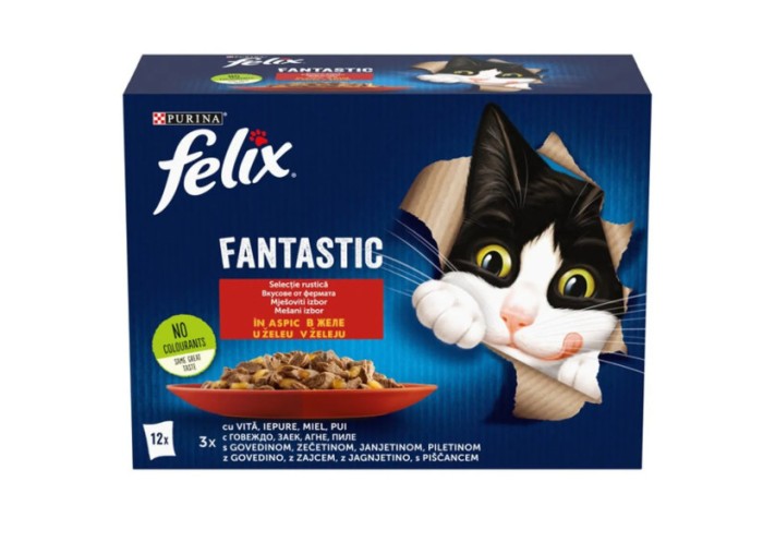 Hrana umeda pentru pisici Purina Felix Fantastic, pui, miel, iepure si vita in aspic, 12 x 85 g