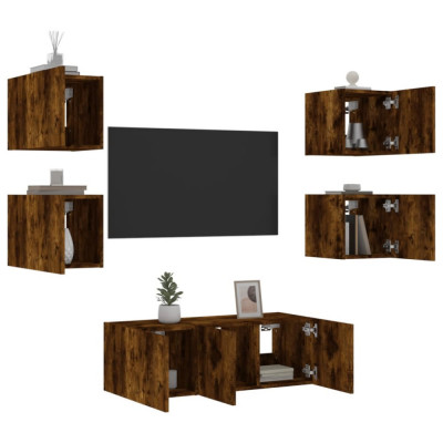 vidaXL Unități de perete TV cu LED-uri, 6 piese, stejar fumuriu, lemn foto