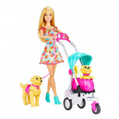 Set papusa Barbie si catei Strollin Pups, carucior inclus, 3 ani+ foto