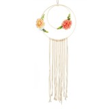 Decoratiune de Perete Macrame Rotundă Bej cu Franjuri și Flori, CMCLASS