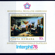 RO 1976 LP 905 ,"Bicentenarul Revolutiei Americane " , colita 130 , MNH