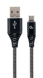 CABLU alimentare si date GEMBIRD, pt. smartphone, USB 2.0 (T) la USB 2.0 Type-C (T), 1m, premium, cablu cu impletire din bumbac, negru cu insertii alb