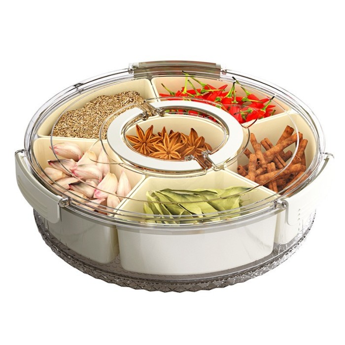 Cutie de Depozitare pentru Alimente, Cyrax, cu 6 Compartimente, pentru Condimente, Fructe, Legume, cu Manere de Prindere, Rotativa 360 de Grade, Inchi