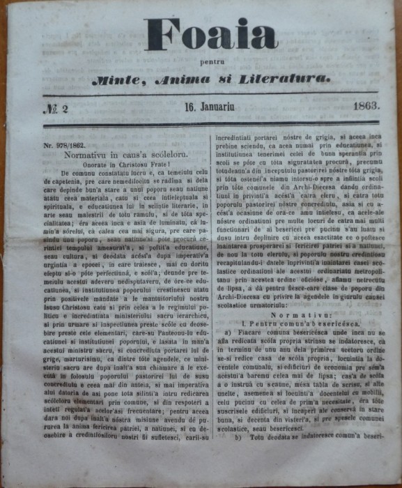 Foaia pentru minte , inima si literatura , nr. 2 , 1863 , Brasov , I. Muresanu
