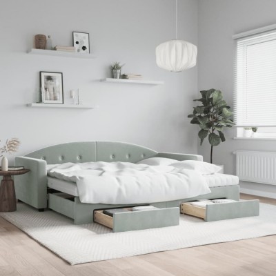 vidaXL Pat de zi cu extensie și sertare, gri deschis 90x200 cm catifea foto