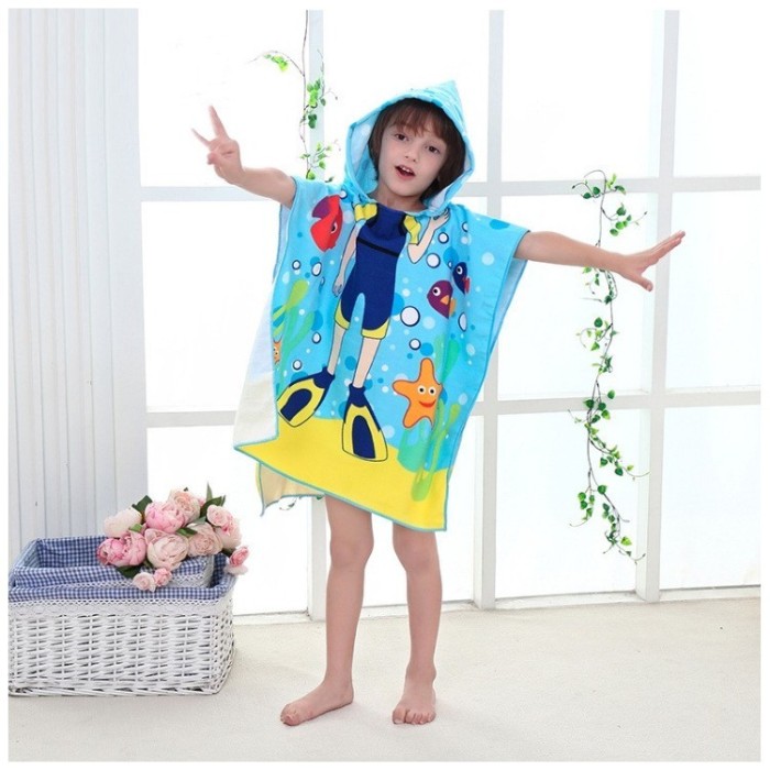 Prosop de baie si plaja, tip pelerina halat cu gluga, model scafandru pentru copii, PEL01WZ8
