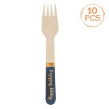 Set Furculițe Petrecere, Lemn, Happy Birthday, Albastru, 16cm, 10 Bucăți