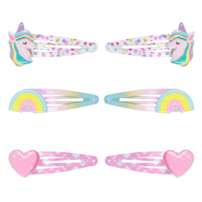 Set Clame de Păr Copii, Unicorn, Inimă și Curcubeu 3D, Metal, Multicolor, 6 Bucăți
