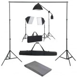 Cumpara ieftin Kit foto studio,3 lumini softbox,suport fundal 2x3m,3x bec 150W, panza fundal gri 2x3m, macara + geanta transport, Dactylion