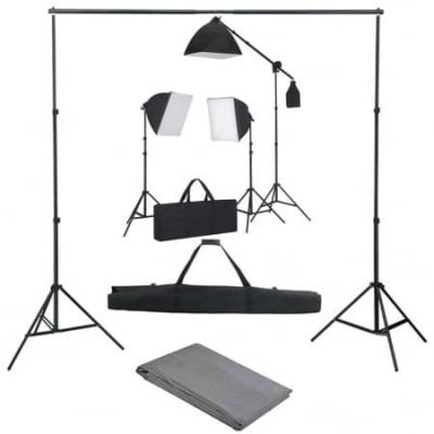 Kit foto studio,3 lumini softbox,suport fundal 2x3m,3x bec 150W, panza fundal gri 2x3m, macara + geanta transport foto