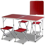 Masa Pliabila Aluminiu Picnic cu 4 Scaune, 60x120cm, Portabila, Camping, Gradina, Loc Umbrela, Compacta, Usoara, Alb/Maro