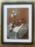 Tablou - natura statica cu flori, partituri si vioara, Carbune, Realism