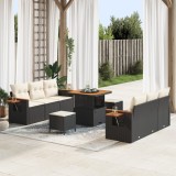 Set de sofa de gradina Gossi cu 9 piese si perne din ratan poliester negru, set de dining de gradina Gossi cu 3 piese si perne din ratan poliester neg