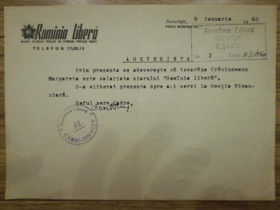 1960, Adeverinta Ziar Romania Libera, Bucuresti, jurnalism, cadre redactie foto