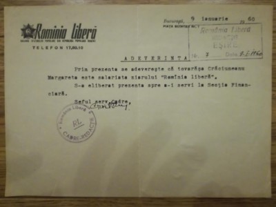 1960, Adeverinta Ziar Romania Libera, Bucuresti, jurnalism, cadre redactie foto