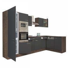 Mobilă de bucătărie de colț Yorki 340, corp din stejar Yorki, față antracit satinat, cu frigider sub blat