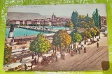 F969S-Carte postala veche-Geneva anii cca 1920- Pont du MONT BLANC cu multe personaje si atelaje cu cai stare foarte buna- 14/9 cm.