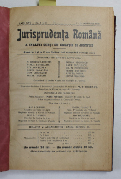 JURISPRUDENTA ROMANA A INALTEI CURTI DE CASATIE SI JUSTITIE, ANUL XXV, 1 IANUARIE SI 15 DECEMBRIE - 1938