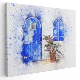 Tablou canvas usa, fereastra si ghiveci albastru, roz, maro 1265 Tablou canvas pe panza CU RAMA 80x120 cm
